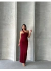 Krinkıl tek omuz uzun elbise bordo s25455
