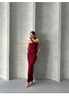 Krinkıl tek omuz uzun elbise bordo s25455
