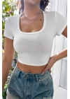 Kadın Beyaz Yarım Kol Düz Yaka Crop Top Bluz