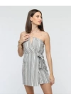 Kuşaklı çizgili mini keten elbise