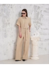 Kuşaklı gömlek yaka salaş tulum bej s255822