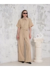 Kuşaklı gömlek yaka salaş tulum bej s255822