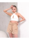 Kuşaklı keten şort bej s255265