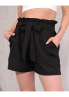 Kuşaklı keten şort siyah s255265