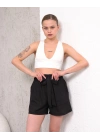 Kuşaklı keten şort siyah s255265