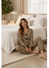 Kadın Uzun Kollu Leopar Desenli Fiyonklu Ev Giyim Pijama Takımı