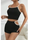 Kadın Siyah Beyaz Şortlu Cut-Out Detaylı Gecelik Takımı