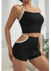 Kadın Siyah Beyaz Şortlu Cut-Out Detaylı Gecelik Takımı