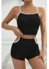 Kadın Siyah Beyaz Şortlu Cut-Out Detaylı Gecelik Takımı