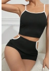 Kadın Siyah Beyaz Şortlu Cut-Out Detaylı Gecelik Takımı