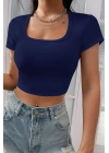 Kadın Lacivert Yarım Kol Düz Yaka Crop Top Bluz