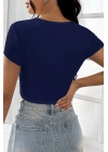 Kadın Lacivert Yarım Kol Düz Yaka Crop Top Bluz