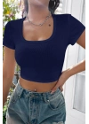 Kadın Lacivert Yarım Kol Düz Yaka Crop Top Bluz