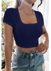 Kadın Lacivert Yarım Kol Düz Yaka Crop Top Bluz