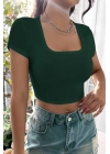 Kadın Yeşil Yarım Kol Düz Yaka Crop Top Bluz