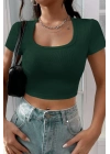Kadın Yeşil Yarım Kol Düz Yaka Crop Top Bluz