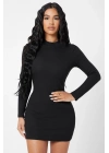 Kadın Siyah Kaşkorse Balıkçı Yaka Uzun Kollu Bodycon Mini Elbise