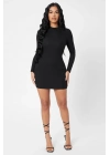 Kadın Siyah Kaşkorse Balıkçı Yaka Uzun Kollu Bodycon Mini Elbise