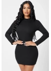 Kadın Siyah Kaşkorse Balıkçı Yaka Uzun Kollu Bodycon Mini Elbise
