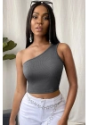 Kadın Koyu Gri Tek Omuz Crop Büstiyer
