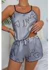 Love Baskılı Gri Saten Şortlu Gecelik Takım