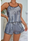 Love Baskılı Gri Saten Şortlu Gecelik Takım