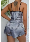 Love Baskılı Gri Saten Şortlu Gecelik Takım