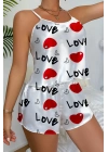 Love Desenli Beyaz Saten Şortlu Gecelik Takım