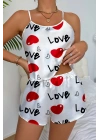 Love Desenli Beyaz Saten Şortlu Gecelik Takım