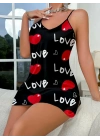 Love Desenli Siyah Saten Gecelik