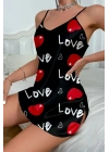 Love Desenli Siyah Saten Gecelik