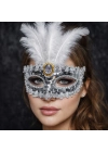 Lüks Gümüş Tüylü Taşlı Balo Maskesi