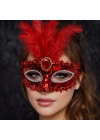 Lüks Kırmızı Tüylü Taşlı Balo Maskesi