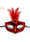 Lüks Kırmızı Tüylü Taşlı Balo Maskesi