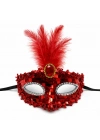 Lüks Kırmızı Tüylü Taşlı Balo Maskesi