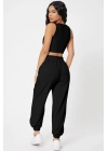 Kadın Siyah Kaşkorse Cepli Jogger Eşofman Altı ve Crop Top Bluz