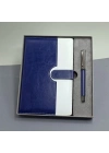 Mavi Beyaz Deri Kapaklı Defter Ve Metal Kalem Set