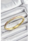 ® Mineli Pirinç Pembe Hardal Ve Krem Çiçek Motifli Gold Renk Kadın Kelepçe