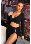 Kadın Siyah Uzun Kol Göğüs ve Göbek Dekolteli Fermuarlı Crop Top Bluz