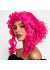 Neon Pembe Bukleli Kıvırcık Cosplay Peruğu - İçi Astarlı