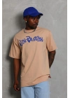 Oversize Baskılı Bisiklet Yaka T-Shirt - Bej -