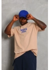 Oversize Baskılı Bisiklet Yaka T-Shirt - Bej -