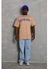 Oversize Baskılı Bisiklet Yaka T-Shirt - Bej -