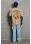 Oversize Baskılı Bisiklet Yaka T-Shirt - Bej -