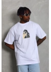 Oversize Baskılı Bisiklet Yaka T-Shirt - Beyaz -