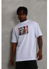Oversize Baskılı Bisiklet Yaka T-Shirt - Beyaz -