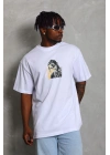 Oversize Baskılı Bisiklet Yaka T-Shirt - Beyaz -