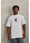 Oversize Baskılı Bisiklet Yaka T-Shirt - Beyaz -