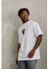 Oversize Baskılı Bisiklet Yaka T-Shirt - Beyaz -