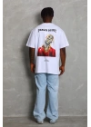 Oversize Baskılı Bisiklet Yaka T-Shirt - Beyaz -